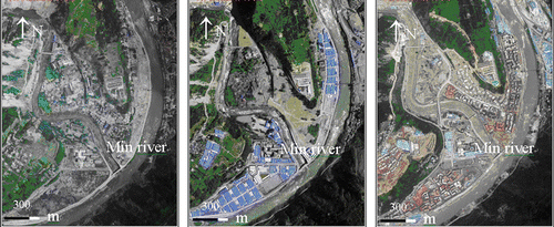 Figure 4.  Airborne remote sensing images of Yingxiu County acquired in 2008, 2009, and 2010, respectively (from left to right).