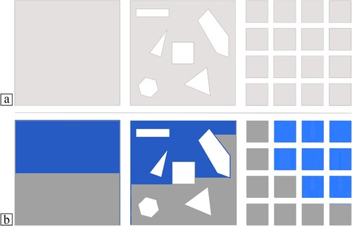 Figure 19. The three different layers tested for cooperative printing using the developed system. (a) A model of each layer and (b) the generated toolpaths for two printheads MA system. In (b), blue and grey regions correspond to the upper and lower printheads, respectively.