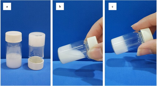 Figure 5. (a) Sol-Gel transition of ISG-2, (b) Sol state at room temperature, (c) Gel state at 34 ± 0.70 °C.