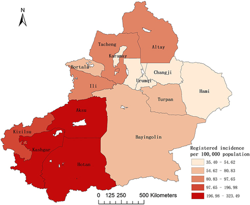 Figure 1 Spatial prevalence of registered incidence of PTB in Xinjiang from 2012 to 2021.