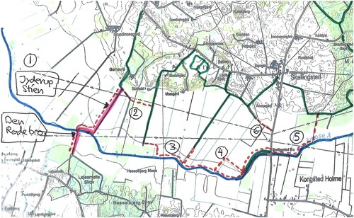 Map 2. Collaborative mapping and collection of landscape representations. The map shows stories identified by locals including proposals for landscape modifications, such as new trails. Point 1 marks an existing public trail, point 2 a possible trail with stories of peat digging, and point 6 marks the former electricity masts installed by workers in the 1950s that became visible signs of progress locally.