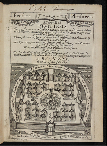 Figure 1. The frontispiece of Austen’s 1653 Treatise of Fruit Trees. Reproduced by kind permission of the Master and Fellows of Trinity College, Cambridge.