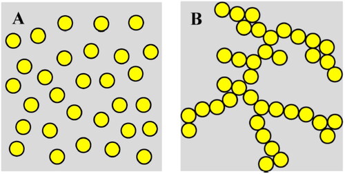 Figure 2. Schematic representation of the two types of emulsion gels: (A) emulsion droplet-filled gels, and (B) emulsion droplet-aggregated gels (adapted from Lin, Kelly, and Miao Citation2020).