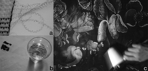 Figure 1 Irreversible and reversible changes in textiles. (a and b) Hanna Landin’s, Anna Persson’s and Linda Worbin’s work “the Burning Tablecloth”, a tablecloth that reacts to incoming phone calls by burn marks, explores a non-chemical burnout technique as an alternative way of presenting information (photos: Linda Worbin). (c) Marjan Kooroshnia’s work explores the design properties of heat reactive, color changing thermochromic inks to create dynamic surface patterns in textiles (photo: Jan Berg and Marjan Kooroshnia).