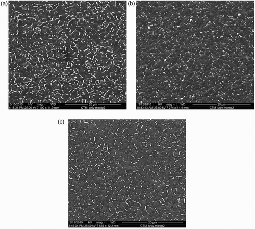 Figure 3. SEM images of a BDD film etched at 10 mTorr and 100 W with (a) Ar=11% vol. (ratio Ar/O2=5/40), (b) Ar=27% vol. (ratio Ar/O2=15/40) and (c) Ar=43% vol. (ratio Ar/O2=30/40 (sccm/sccm)).