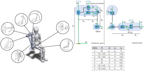 Figure 6. Conceptual design and kinematic model of the 7-DoF robotic assistive system.
