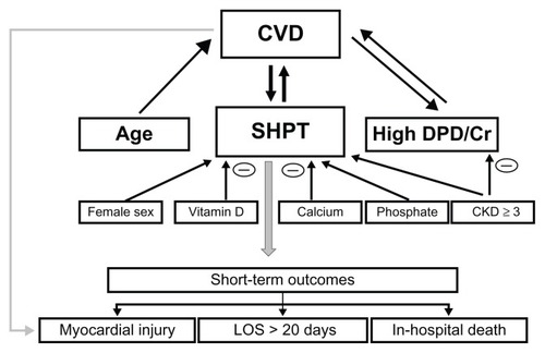 Figure 2 Diagram showing significant independent relationships (as documented by multiple regression analyses) between cardiovascular disease and parameters of mineral-bone metabolism, age and sex and short-term outcomes.