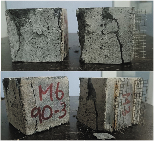 Figure 17. Failure pattern of cubic specimens with and without electrodes after compressive strength.