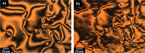 Figure 5. (Colour online) (a) The schlieren texture of the N phase (T = 87°C) and (b) the brushstroke texture of the NTB phase (T = 106°C) for the XCB15CB = 0.6 mixture.