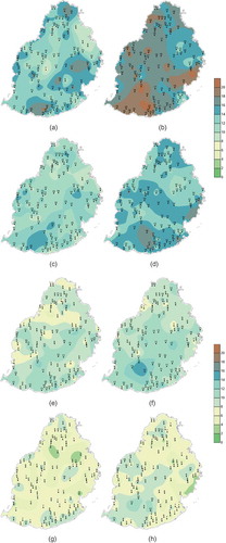 Figure 9. Spatial distribution of the number of dry events (left) and wet events (right) at (a,b) 3-month, (c,d) 6-month, (e,f) 12-month and (g,h) 24-month time scales.