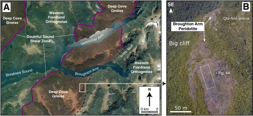 Figure 2. A, Geological map of the Broughton Arm area. B, Aerial photograph of Broughton Arm Peridotite looking to the southeast.