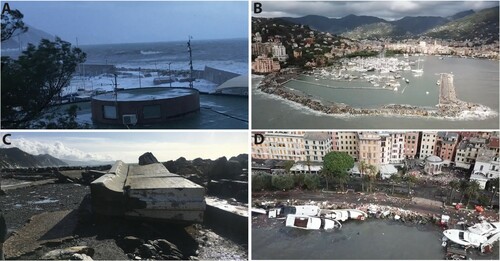 Figure 5. Effects of the 29th October 2018 sea storm surge on the waterfront of Rapallo: (a) The breakwater destruction at the beginning (5:00 pm on the 29th October 2018); (b) destruction of the whole port breakwater (30th October); (c) example of a breakwater segment totally toppled by wave action; (d) the sea promenade damaged and covered by debris and wreckages of beached boats.