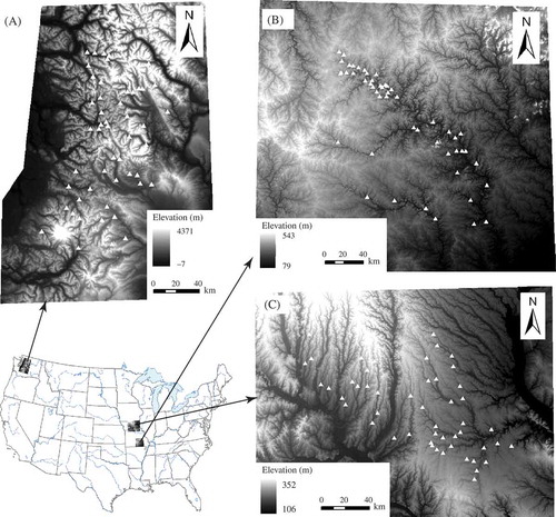 Figure 1. Study areas and selected points in each area: (A) the Cascade Range in the western Washington; (B) the Ozark Plateau in the southern Missouri; and (C) the loess-till plains in the northern Missouri. Triangles in each panel indicated the selected points used to determine fixed-area local relief, watershed relief, and watershed mean local relief.