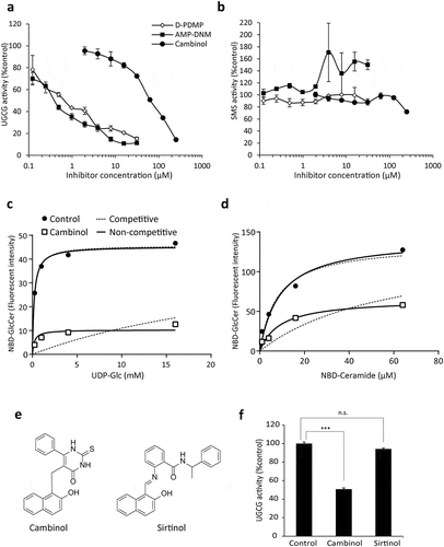 Figure 3. Inhibitory efficiency and mechanism of cambinol on UGCG activity.