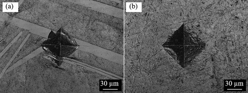 Figure 5. Vickers hardness measurement indentations on (a)Zr0.68B0.32 (b)Zr0.86B0.14.