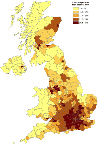 Figure 2. Knowledge-intensive business services (KIBS) as a proportion of all area enterprises. Source: Interdepartmental Business Register (IDBR) database, Office for National Statistics (ONS) (2008).