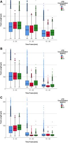 Figure 2 (A) Track length [µm] depending on LPS concentration [0 – 40 – 400 pg/mL] per time frame [min] and without propofol. Some upper outliers (circles) and extreme values (asterisks) are cut off for better comparability of the medians and boxes. (B) Track length [µm] depending on LPS concentration [0 – 40 – 400 pg/mL] per time frame [min] with a propofol concentration of 6 µg/mL. Some upper outliers (circles) and extreme values (asterisks) are cut off for better comparability of the medians and boxes. (C) Track length [µm] depending on LPS concentration [0 – 40 – 400 pg/mL] per time frame [min] with a propofol concentration of 60 µg/mL. Some upper extreme values (asterisks) are cut off for better comparability of the medians and boxes.