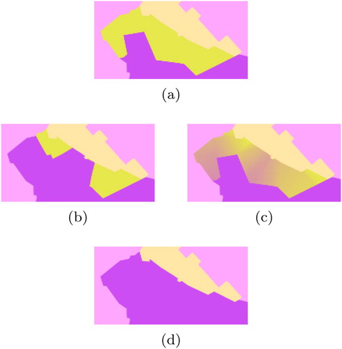 Figure 10. This example shows how a transition from one object (a) to the next (d) can be abrupt while zooming out (the purple object at the bottom takes over the region of the yellow object in the middle). This is noticeable, while the slicing surface is in motion, zooming in or out. Compared to (b) when near-blending is disabled (c) blending the colours makes the transition appear less abrupt.