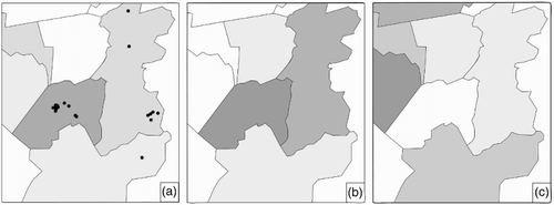 Figure 5. Places and regions (a) associated with migrants among locals; (b) safe for locals; (c) unsafe for locals.