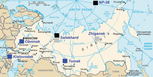 Fig. 1 Locations of the Brewer (blue), SAOZ (grey), and ozonesonde (black) stations in Russia.