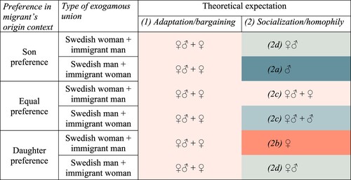 Figure 1 Theoretical expectations of sex composition preferences for children in intermarriagesNotes: Display full size = no preference or one-of-each preference; Display full size = daughter preference; Display full size = son preference; Display full size = relative daughter preference (as for the Swedish reference category); Display full size = relative son preference.