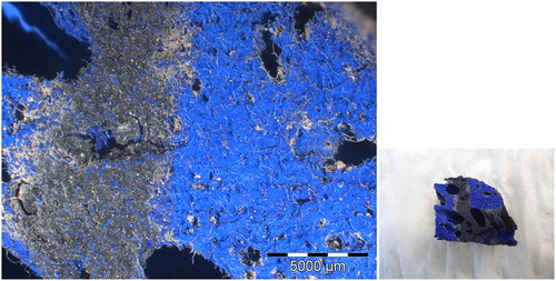 Figure 7. QS laser + water, specimen with adhered dirt. The irradiated area with Fl = 2.5 J/cm2, E = 300 mJ, spot 4 mm, f = 5 Hz. On the left, a detail after cleaning is shown.