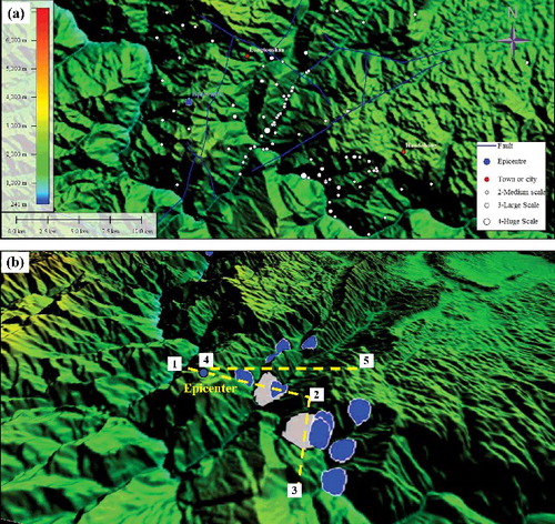 Figure 14. (a) Spatial relationship between the landslides with the size larger than moderate scale and (b) spatial distribution of the large-scale landslides.