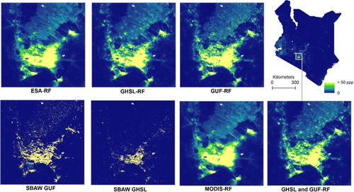 Figure 4. Qualitative comparison of the seven population models. The maps highlight population patterns (people per pixel (ppp)) for Nairobi and the surrounding area of Kenya at ∼100 m spatial resolution with increasingly yellow shaded pixels representing higher counts. Model descriptions provided in the methods section.