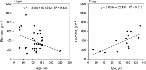 Figure 4. Relationship between stand age and fine root biomass in the temperate zone for beech and Scots pine stands.