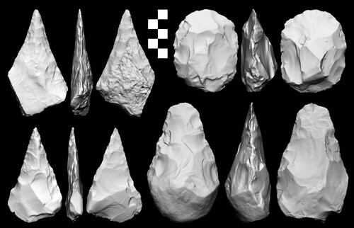 Figure 3. Handaxes from Tabun Layer Eb. The top left specimen is made on a slab, the bottom left is made on a flake, and the two on the right are made on cobbles.