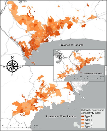 Figure 4. Map of the sidewalk quality and connectivity in the metropolitan urban area of Panama.