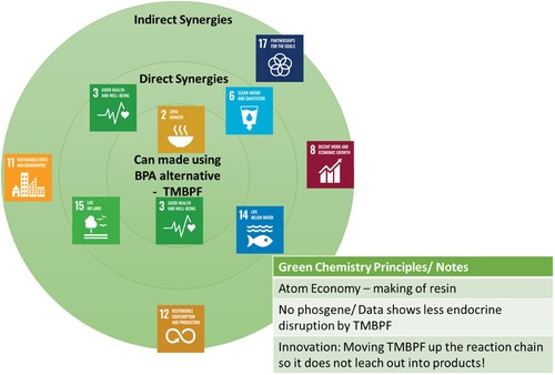 Figure 7. UN SDG goals satisfied by using a can made with epoxy resin that is BPA free. The green principles used are also highlighted.