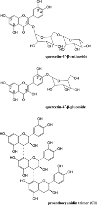 Figure 2 Structures of two glycosides, quercetin-4′-β-glucoside and quercetin-3-β-rutinoside, and a proanthocyanidin trimer C1.