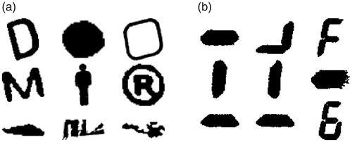 Figure 6. Example blobs from the blob extraction algorithm. (a) Blobs that do not correspond to digit segments. (b) Blobs that do correspond to digit segments.