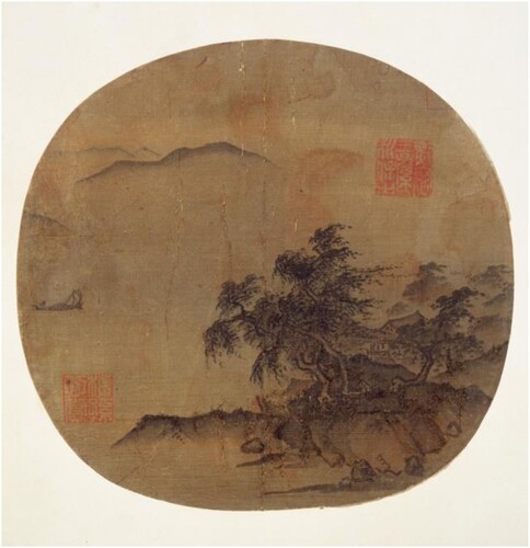 Fig. 1. Xia Gui (active about 1195–1230), Sailboat in Rainstorm, c. 1189–94, round fan mounted as an album leaf, ink and color on silk, 23.9 × 25.1 cm, Museum of Fine Arts, Boston, Chinese and Japanese Special Fund, 12.891.