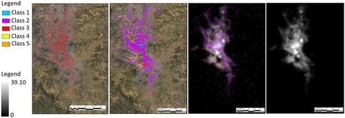 Figure 6. From left: Settlement Map, Settlement Classes, Settlement Classes overlaid on VIIRS DNB image, and VIIRS DNB data for Sana’a, Yemen.