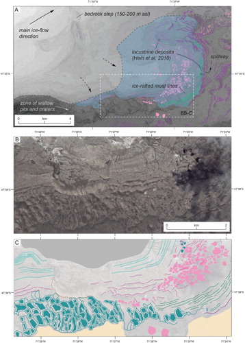 Figure 8. (A) Context for landform interpretation along the southern LC-P ice lobe margin, east of Posados. Late LGM glacier and proglacial lake limit after CitationHein et al. (2010), based on the identification of lacustrine deposits (black circles). At the time of the reconstruction, CitationHein et al. (2010) suggest ice was grounded around a prominent north–south trending bedrock step, and experienced insufficient flux to fully occupy the upper basin. The lake level contour (625 m a.s.l) was extracted from an ASTER-GDEM model. The extent of (B) and (C) is indicated by the dashed white box. (B) Satellite image (DigitalGlobe 2013; ESRI™) and (C) mapped landforms, showing a complex arrangement of geomorphic features. The right-hand section of the image shows an assemblage of densely spaced circular or oval-shaped mounds and linear ridges that display morphological resemblance with examples of ice-stagnation hummocky terrain (CitationEyles et al., 1999; CitationBoone and Eyles, 2001). The hummock assemblage merges into a large complex of inferred iceberg wallow pits and craters, which exhibit deep semi-circular to elongate depressions and are enclosed by high-relief rim ridges or lateral berm ridges (e.g. CitationBarrie et al., 1986; CitationWoodward-Lynas et al., 1991). Low-relief hummock chains are interpreted as moat line ridges deposited at the margins of a small ice-contact lake ice (cf. CitationHall, Hendy, & Denton, 2006). Inferred moat line ridges occur outside the limits of hummocky terrain, and along the ice-contact face of prominent sharp-crested ridges. Their distribution and ‘shoreline-like’ pattern (A) is consistent with the perimeter and estimated water level of the proglacial lake system mapped by CitationHein et al. (2010).