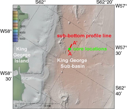 Fig. 2  Bathymetry of the Bransfield Basin. Location of Fig. 3 is shown as a red line with core locations as a green circle. Map created using GeoMapApp (Carbotte et al. Citation2007).