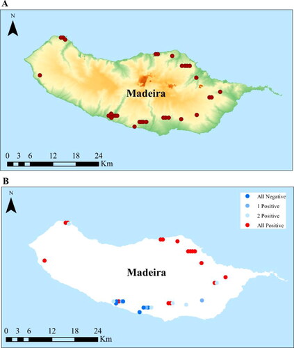 Figure 1. Map of Madeira showing (A) the orography of the island, with the location of the sampled apiaries, and (B) the location of the apiaries with the three sampled colonies N. ceranae-positive (red dots), two colonies N. ceranae-positive (light blue dots), one colony N. ceranae-positive (blue dots), and no N. ceranae-positive colonies (dark blue dots).