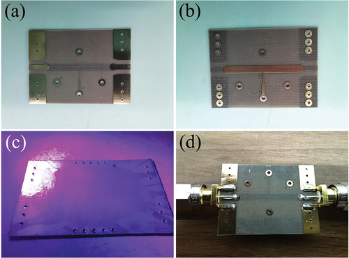 Figure 7. (Colour online) Fabrication process of the IMSL devices based on Design 2: (a) top view of Substrate 1, (b) bottom view of Substrate 1, (c) the top surface of the board of ground plane was spin-coated with a thin layer of PI and (d) a completed IMSL device based on Design 2.