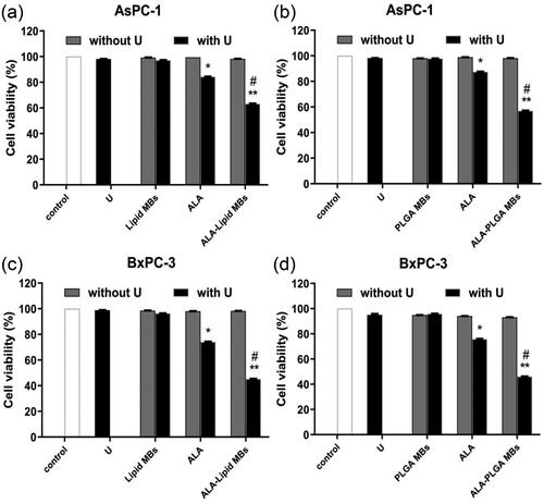 Figure 4. The survival rates of (a) ALA-lipid MBs treated AsPC-1 cells, (b) ALA-PLGA MBs treated AsPC-1 cells, (c) ALA-lipid MBs treated BxPC-3 cells and (d) ALA-PLGA MBs treated BxPC-3 cells determined by MTT. *p < .05, **p < .01, compared with the control group; #p < .05 compared with the ALA-SDT group.