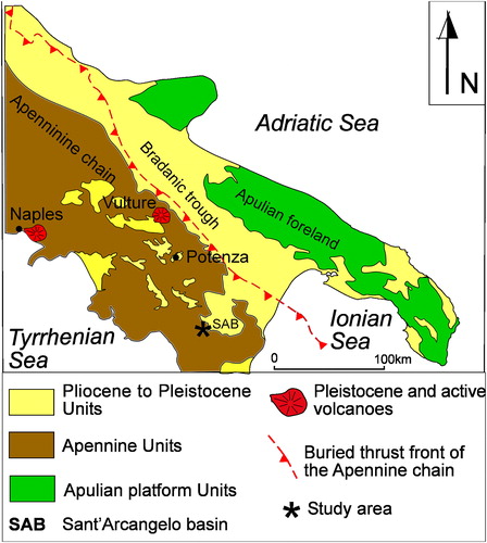 Figure 1. Geological sketch map of southern Italy (Bentivenga et al. Citation2004a, modified).