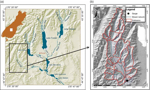 Fig. 1 Location map of (a) the Upper Waitaki River Basin major hydrological features and (b) HEC-GeoHMS catchment map showing the extent of the Ahuriri River, major tributaries, and 31 sub-basins used in the HEC-HMS model.
