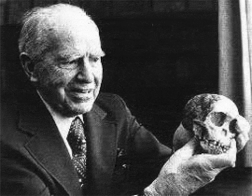 Figure 5. Raymond Dart holding the Taung skull and endocranial cast. Image reproduced from University of Minnesota Duluth.