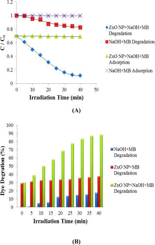 Figure 8. (A) Photocatalytic degradation efficiency of ZnO NPs, (B) Percentage degradation of methylene blue in the presence and absence of ZnO NPs under solar irradiation.