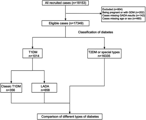 Figure 1 Flow diagram and classification of 18,153 newly diagnosed patients with diabetes at 30 years of age or older in China.