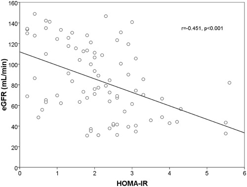 Figure 3. Linear regression plot. eGFR (mL/min) vs. HOMA-IR. Negative correlation was found between the two parameters (r = −0.451, p < 0.001).