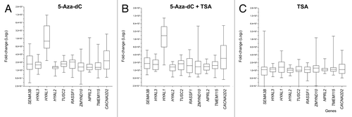 Figure 4 Effect of epigenetic drugs (5-Aza-dC and trichostatin A, TSA) on gene expression. (A and B) All genes were upregulated by treatment with 5-Aza-dC, isolated and combined with TSA. HYAL1 and CACNA2D2 genes showed the highest expression levels induced by these drugs. (C) Effects on gene transcript levels after isolated treatment with TSA. For each gene, the results are expressed as fold change relative to the reference (respective untreated control cell line) calculated using the ΔΔCt-method normalized to glyceraldehyde-3-phosphate dehydrogenase (GAPDH) expression levels and represent the mean of real-time PCR results of independent biological replicas.