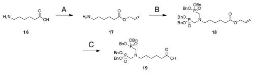 Scheme 3. Benzyl-protected bisP monomer for the introduction to PNA. (A) allyl alcohol, TsOH, benzene, 13%; (B) dibenzyl phosphite, 37% formaldehyde aq, MeOH, 53%; (C) Pd(PPh3)4, pyrrolidine, CHCl3, 87%.