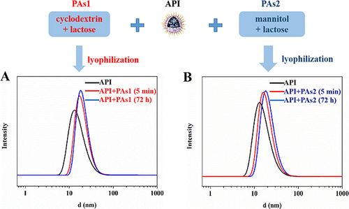 Figure 3 DLS measurements of the API solution and re-soluble solution of lyophilized powder (API+PAs). (A) DLS measurements of the API solution and API+PAs1 solution at different times (5 min, 72 h); (B) DLS measurements of the API solution and API+PAs2 solution at different times (5 min, 72 h).